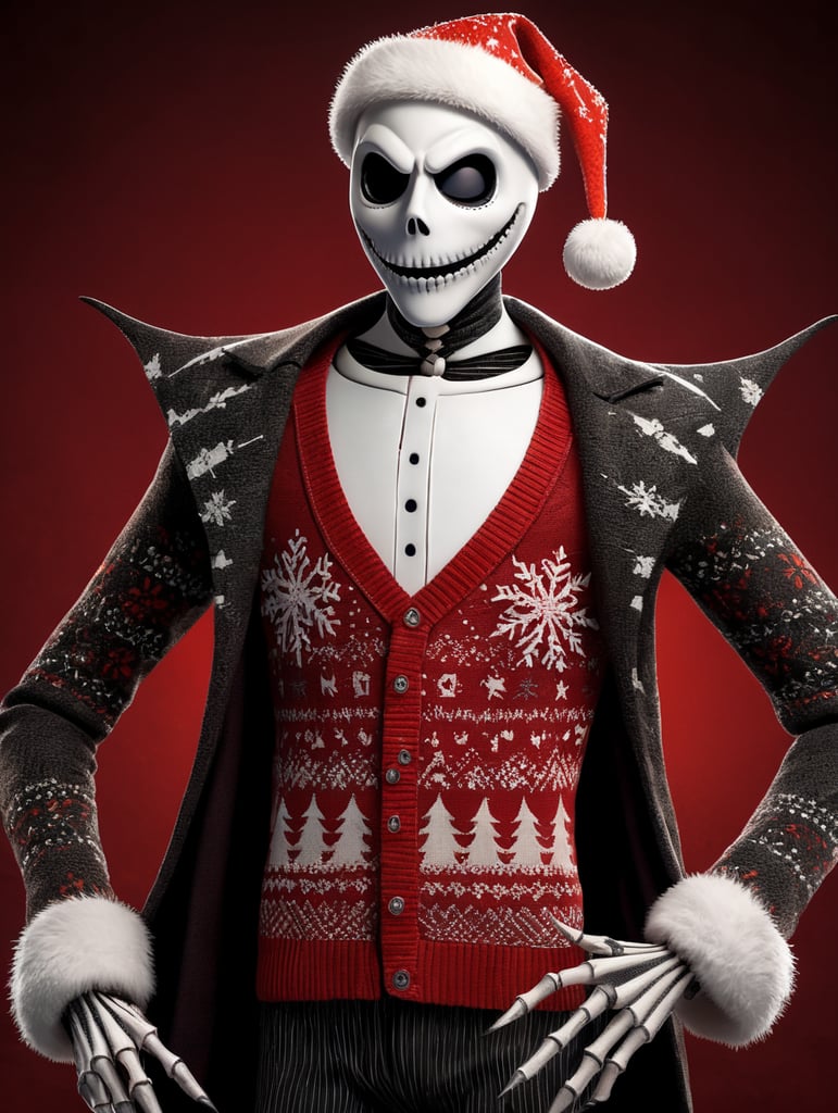 Jack Skellington standing wearing an ugly Christmas sweater red background