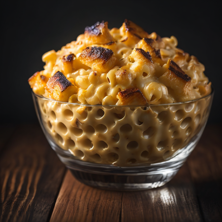 hot mac n cheese in a glass bowl on wooden table, dark background, high in detail, dramatic light