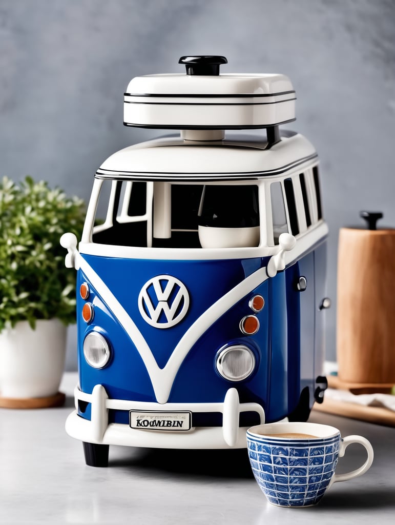 Premium Free ai Images  vintage coffee maker shaped like blue and white  volkswagen kombi grain grinder on top coffe mug kitchen realistic