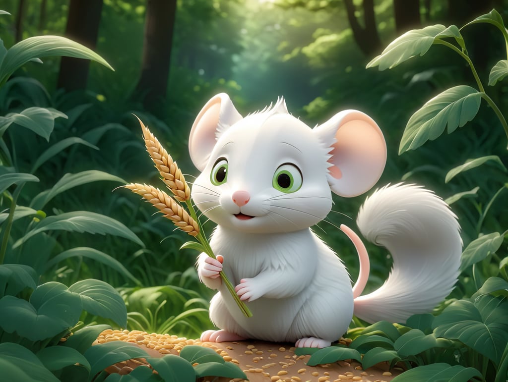 Cute white mouse holding a wheat spike in his hands in a green forest thick leaves lush trees nature scenery picturesque landscapes botanical beauty