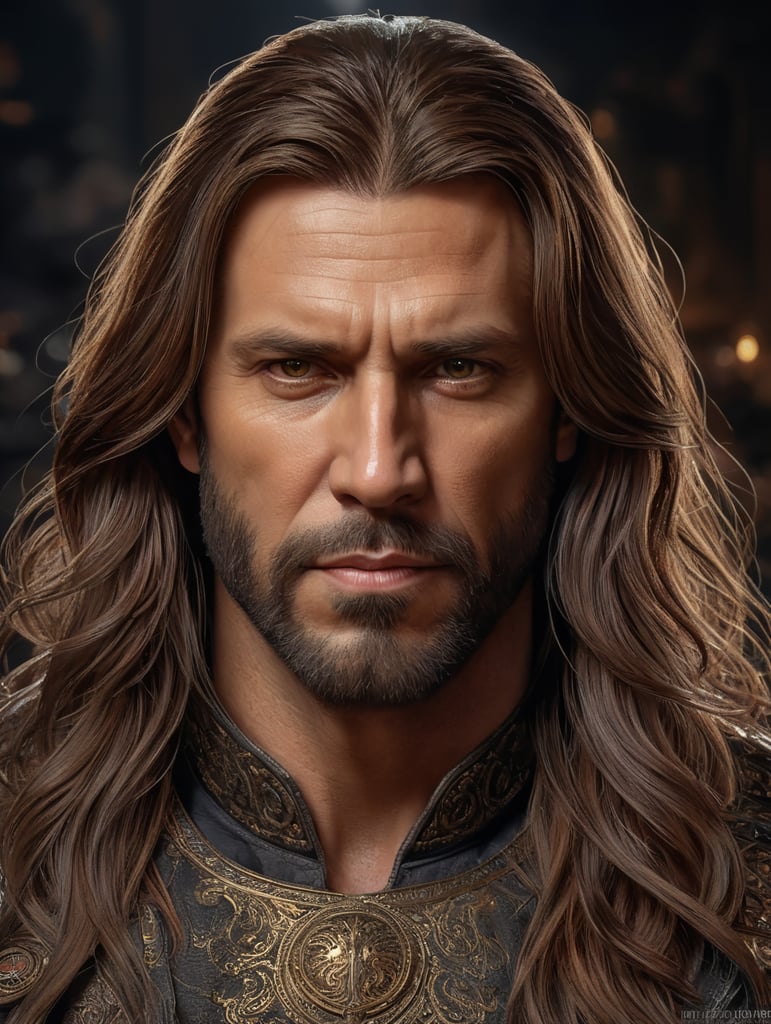 40 yo man with long brown hair front view photo realistic