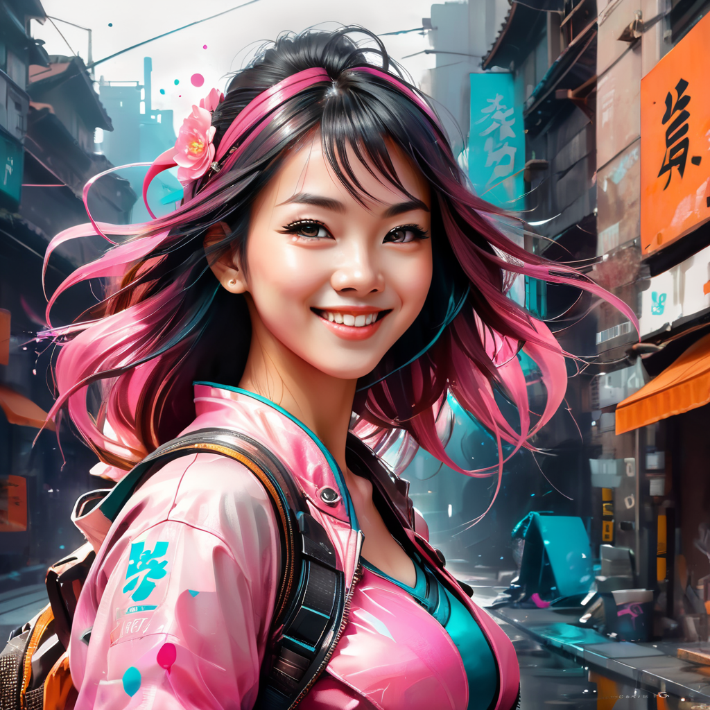 vector logo mascot design of smiling atheletic chinese anime woman in pink theme colors Insanely detailed vector anime style mascot logo on white background