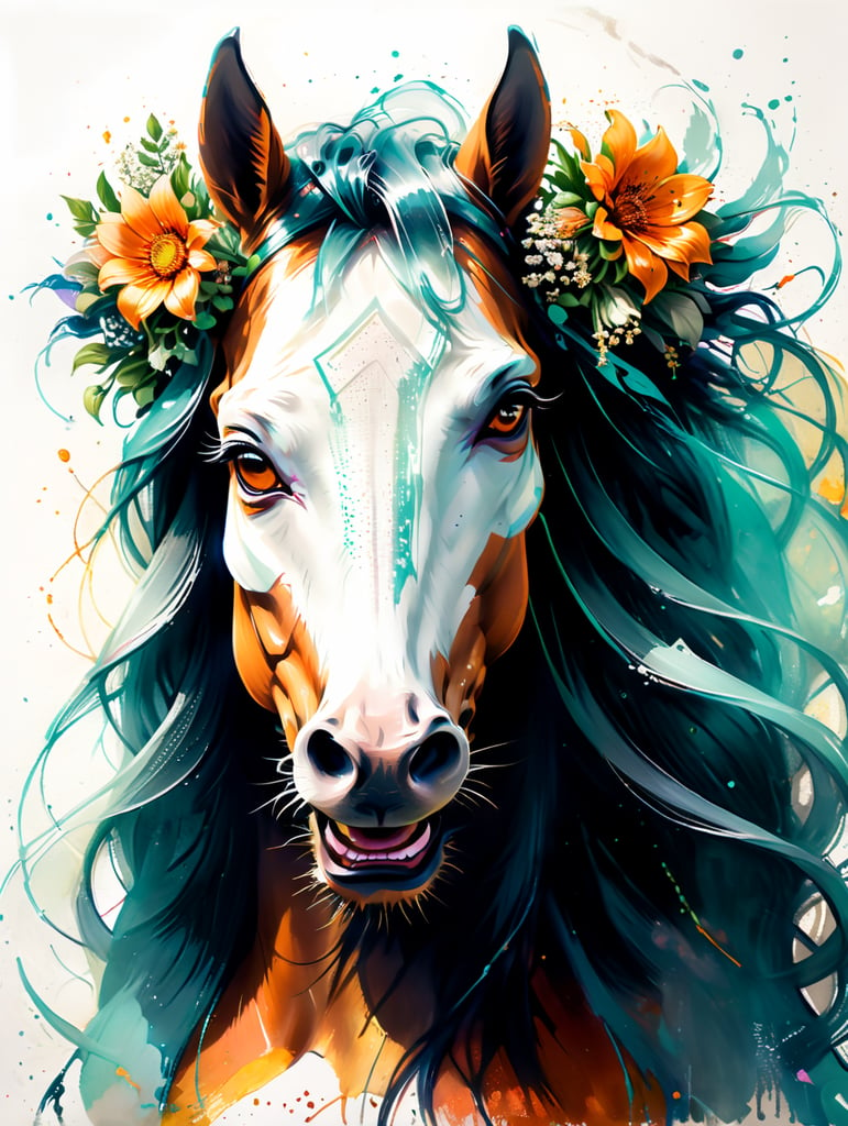 portrait of a happy horse with a wedding veil and holding a flower bouquet