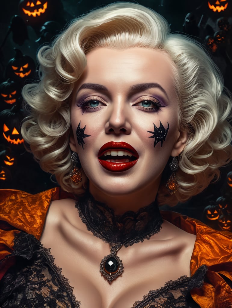 Marilyn Monroe as an evil character wearing creeoy and spooky Halloween costume, Vivid saturated colors, Contrast color