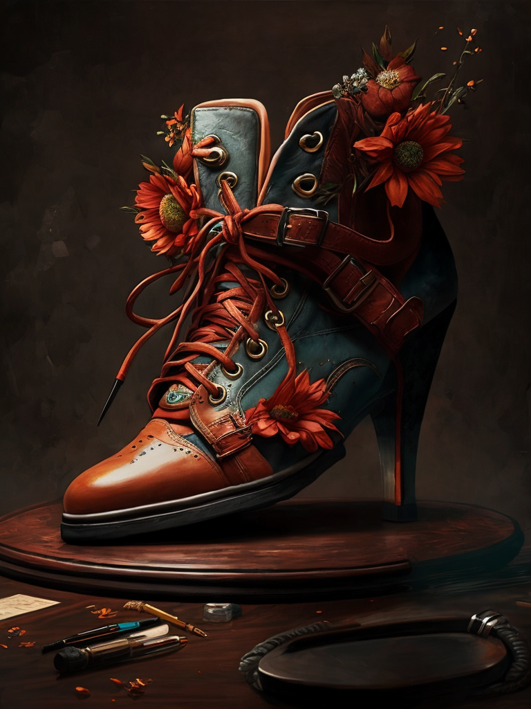 realistic photo of shoes with flowers, deep atmosphere, dark, saturation, vibrance, sharp on details