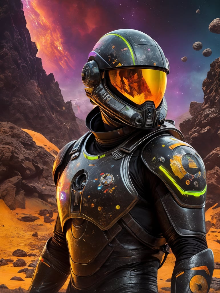 Space traveler in a black rock in middle of the universe. futuristic slim Astronaut suit with neon futuristic unique helmet , super hero style suit, warrior style suit, energy blast in the background, space war, more neon, energy explosion, fluor colours, yellow violet, vibrant, saturated, a lot graffiti on the suit. Scratch on the suit, Rocks like mars planet, volcano, movie poster style, war, noise, star wars, sMall war helmet, no accessories, no helmet, human face blond guy