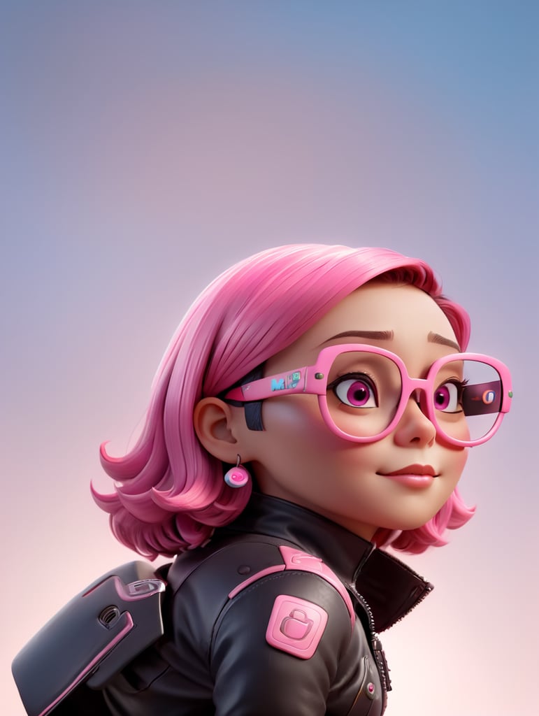 cyborg android, dressed in pink glasses and a leather jacket, creative, art, design
