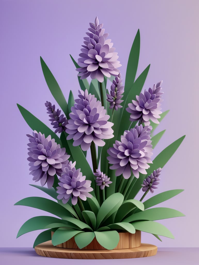 lavender flowers made of paper on a wooden stand on a lavender background