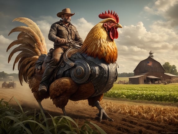 Premium Free ai Images | draw man riding giant chicken across farm ...