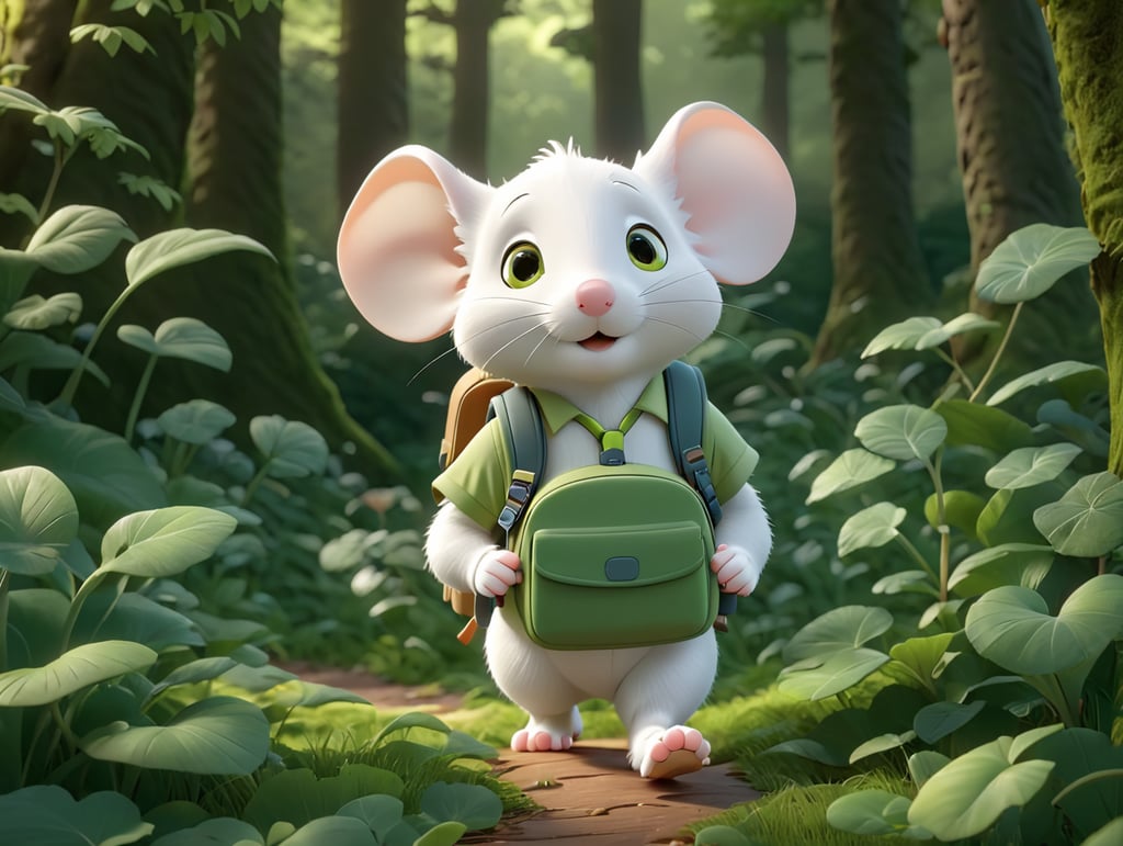 Cute white mouse with a backpack walking in green forest thick leaves lush trees nature scenery landscape.