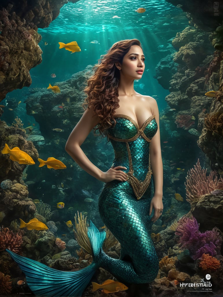 Tamannaah Bhatia as a mermaid, beautiful surreal background,realistic,3d, beautiful colors