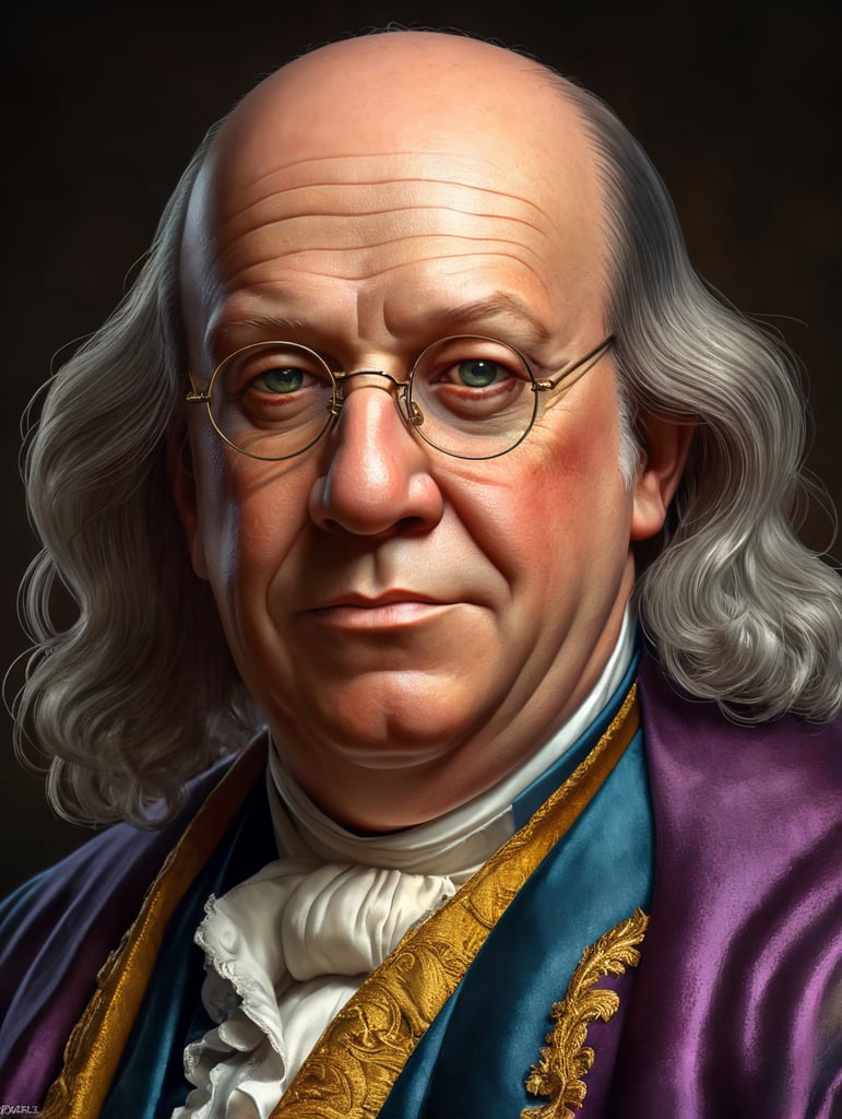 Half-body Portrait of Benjamin Franklin, bright and saturated colors, highly detailed, sharp focus, Bright expressive, Dramatic Lighting, Depth of field, Incredibly high detailed, on a white background