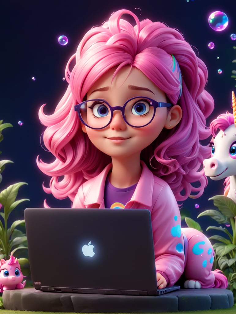 A young cool girl with glasses pink scene a laptop with a no brand. make the hair pink and violet, more neon style and more plants in the background. Bubbles, big flying unicorns, rainbows, kid style, blue eyes, big unicorns pet a said, more background space