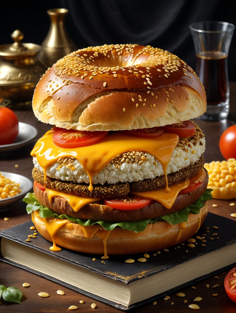 A stunning interpretation of extreme book sandwich, golden bun with seeds on top, hard cover books with title engraved with gold interleaved with letucce, tomato slice, mayonaise, melting cheddar, golden bun underneath, highly detailed and realistic