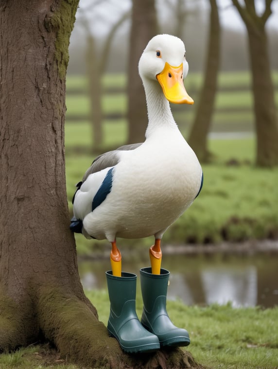Premium Free ai Images | ugly duck wearing wellies up tree