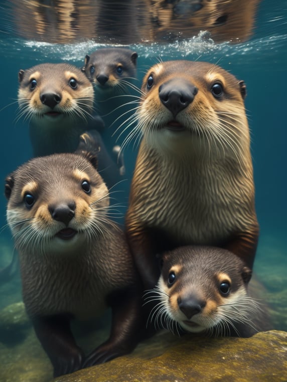 Premium Free ai Images | family of otters eating fish underwater