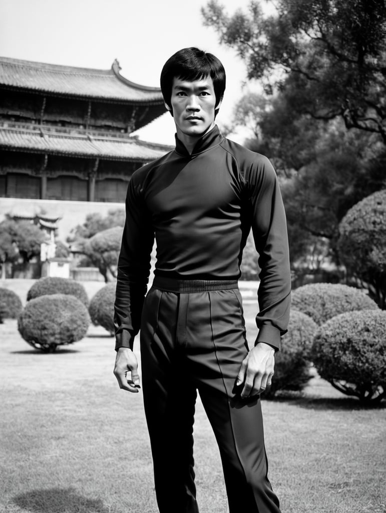 Bruce Lee standing looking at camera