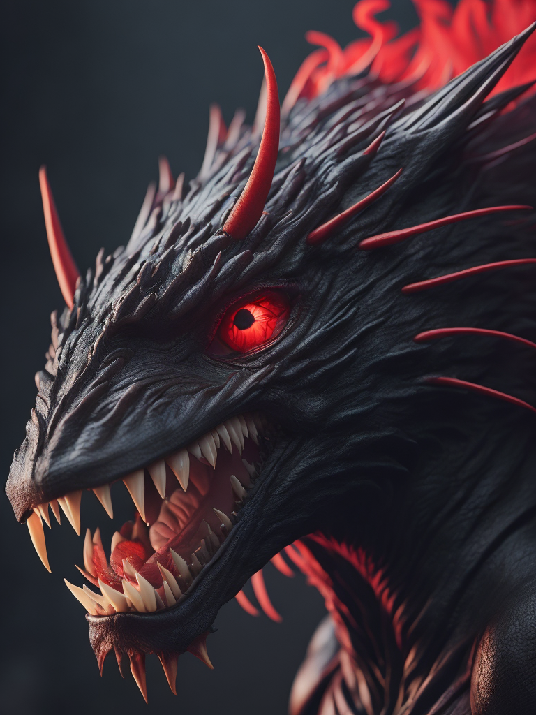 Black dragon, red demonic eyes, red smoke background, photorealistic, ultra detailed, trending on artstation, concept art, octane render