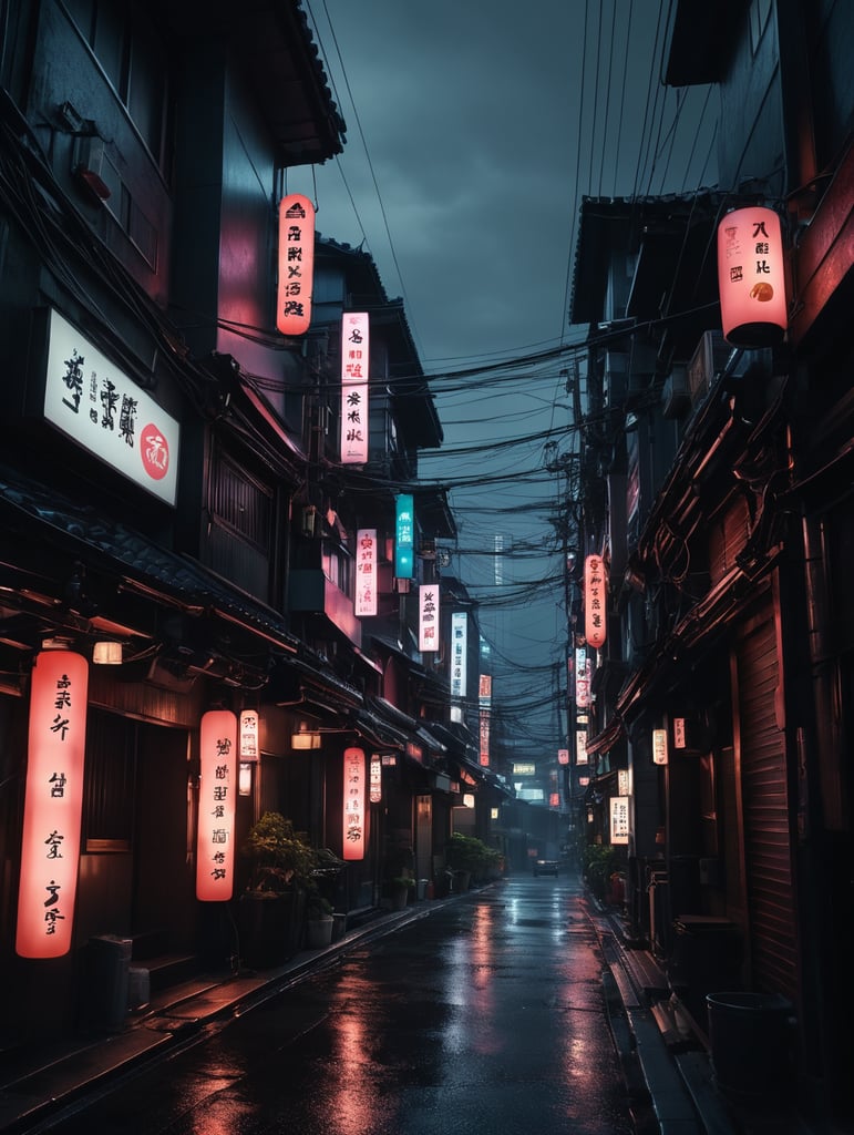 small street with neons, futuristic style, located in Tokyo or Seoul