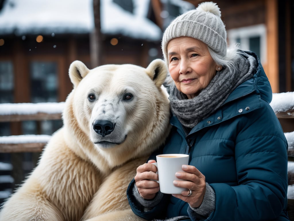 portrait of old woman sitting, holding cup of coffee with both hands, drinking, wearing thick winter clothes, big friendly polar bear sitting right next to her with paw hugging the woman, outdoor polar location, ice and snow, cold environment, highly detailed