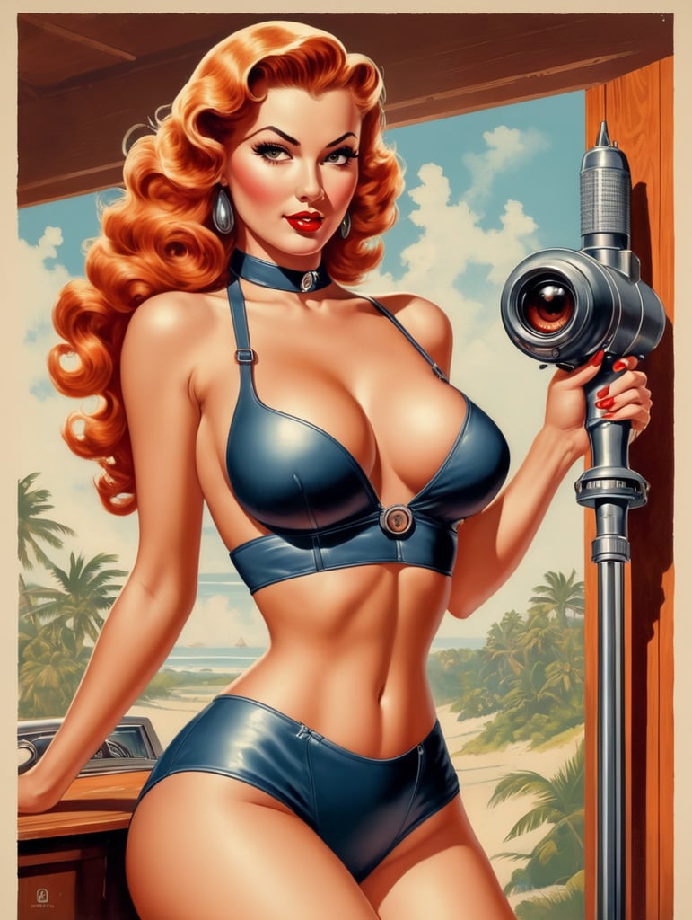 This pinup artwork of a sexy women by George Wilson is an eye-catching poster-style drawing and illustration representing the iconic pulp style.