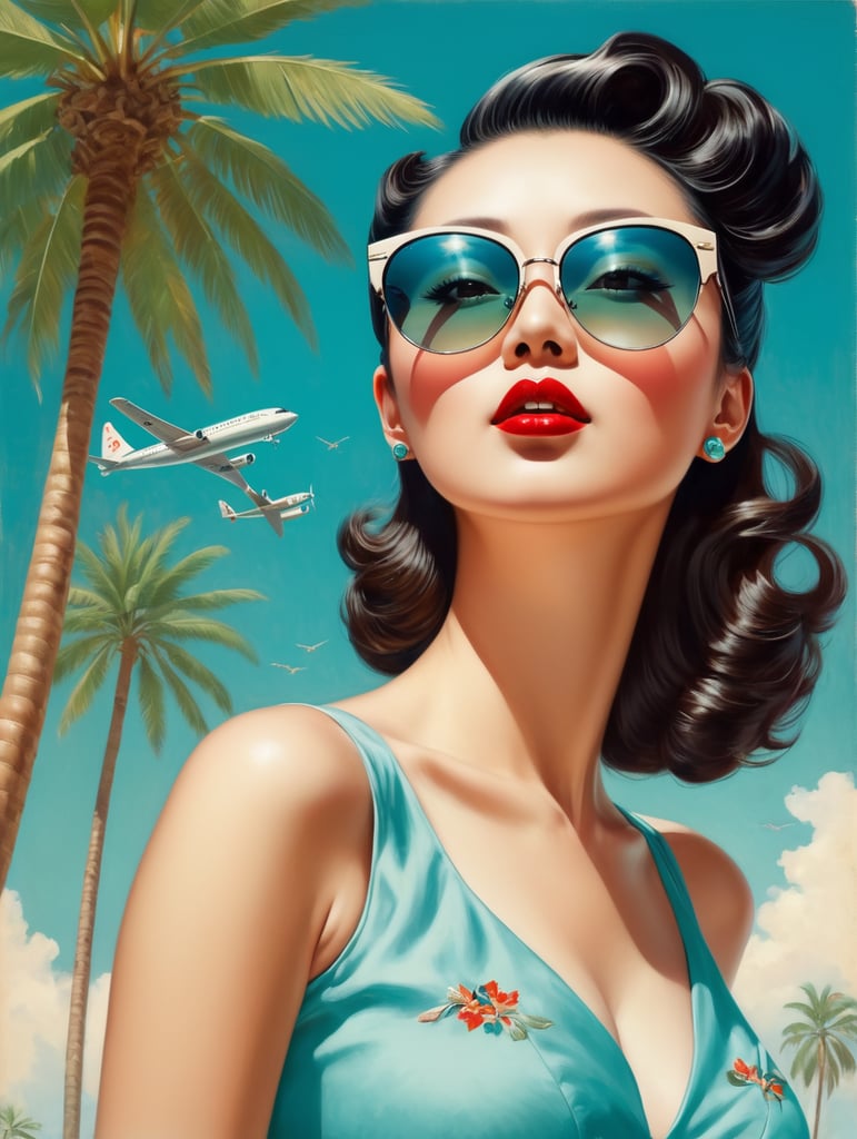 Premium Free ai Images | pin up art portrait chinese woman raised her head  up looks at the sky sunglasses one airplane flies in clear sky and leaves  mark summer palms around