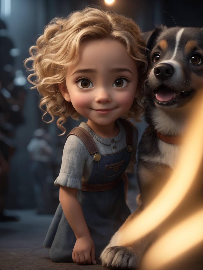 a young girl with dog, creative, and kind-hearted person with long, curly blonde hair, big eyes, small nose, and a smiling mouth, standing centered in 3D style, rendered using beautiful Disney animation, Pixar style, Disney style, 3D style