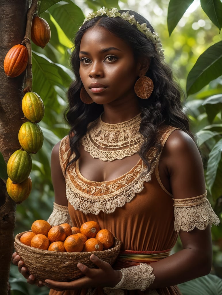 Portrait of a young, dark and beautiful girl growing cocoa fruits from South America in folk Latin American dramatic lighting, depth of field, grove of cocoa trees in the background Incredibly high detail, holding fresh fresh cocoa fruits in her hand