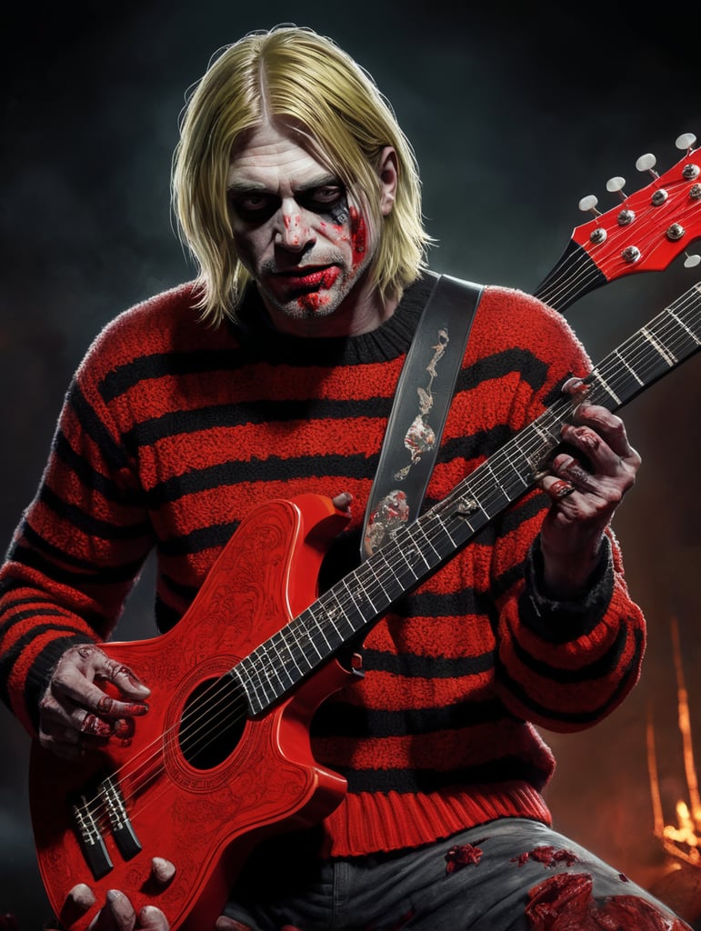 Premium Free ai Images | kurt cobain as zombie wearing red sweater with  thick black stipes playing guitar halloween style vivid saturated colors  contrast color