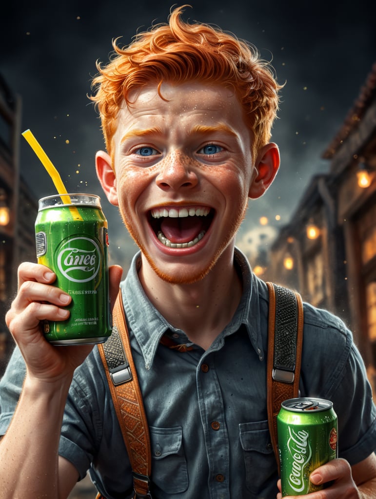 young ginger boy with braces and energy drink on hand