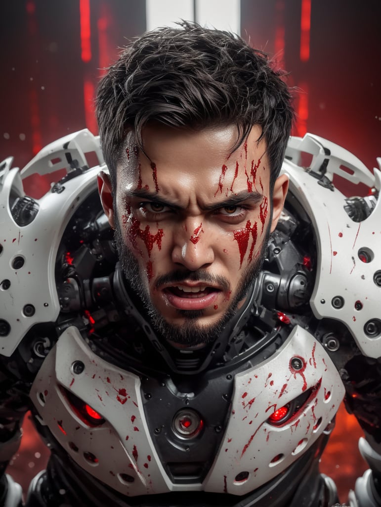 A realistic photograph of a 22-year-old man, with a scary angry expression, black messy short hair, dark black eyes, with a cut scar in the eye, with no beard, strong body, wearing a white robotic armor, covered with red dye, with a bright background with white leds, dramatic illumination, hyperdetailed, hyperrealistic, 8 k