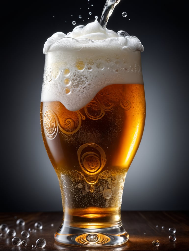 stunning interpretation of draft beer, beer swirl inside glass, white foam on top, transparent beer with tiny gas bubbles, frozen glass, advertisement, highly detailed