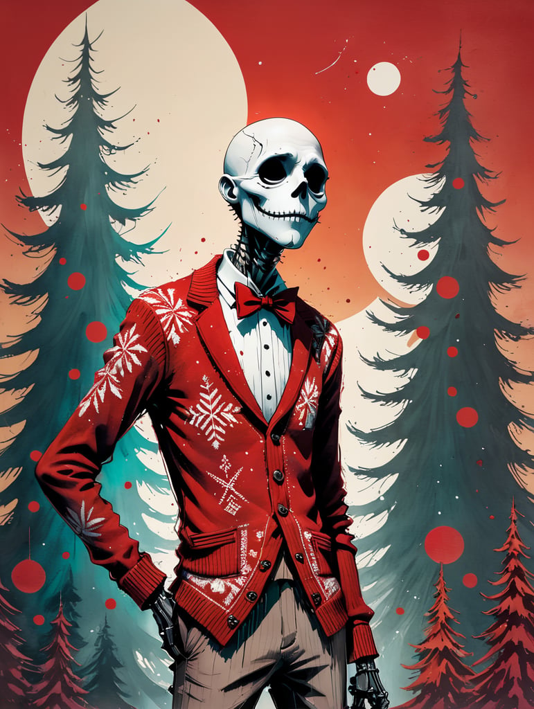 Jack Skellington standing wearing an ugly Christmas sweater red background