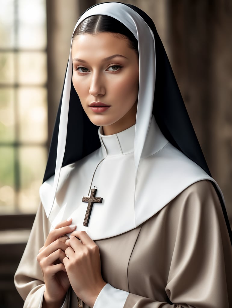Create a realistic photo of Bella Hadid dressed as a nun