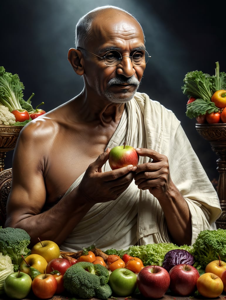 Mahatma gandhi Ji eating apple and vegetables, high quality 4k image with high detailing resolution