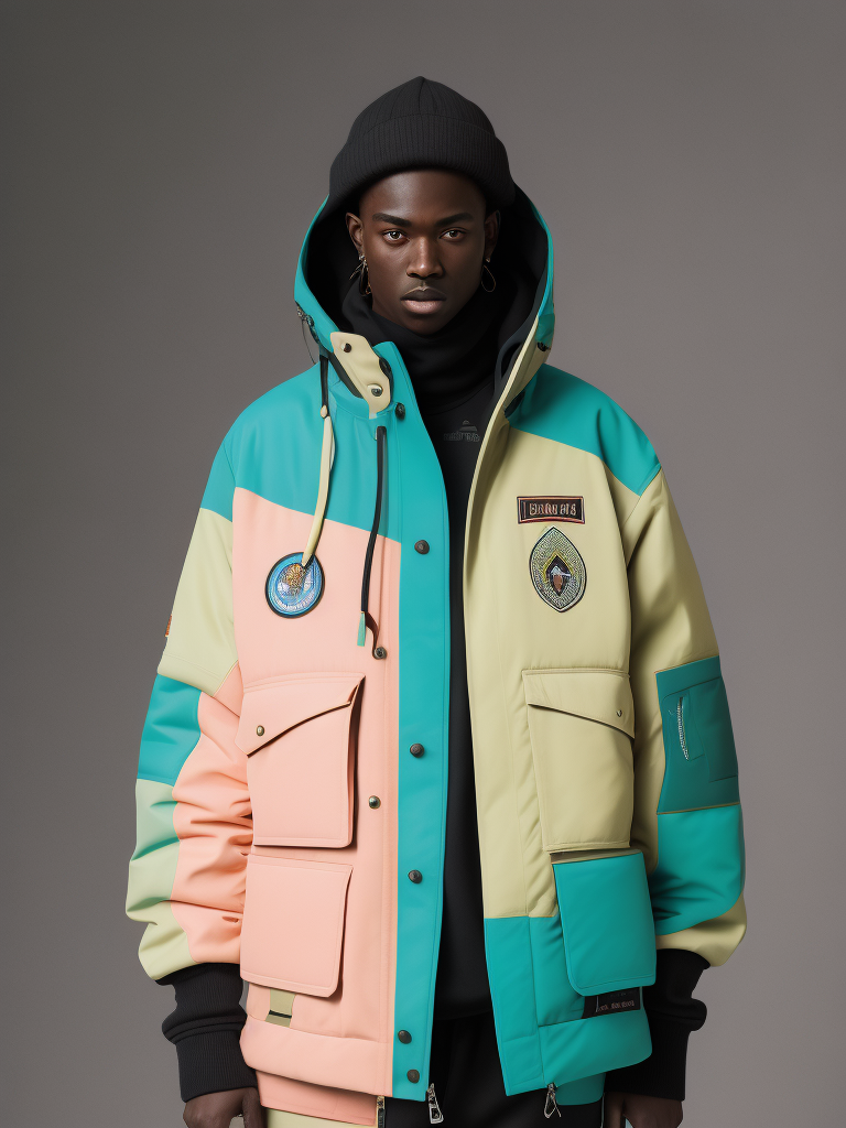 Premium Free ai Images | full body view of heavily pastel colored yeezy  inspired work jacket which is also inspired by the following brands  arcteryx off white gore tex canada goose rhude