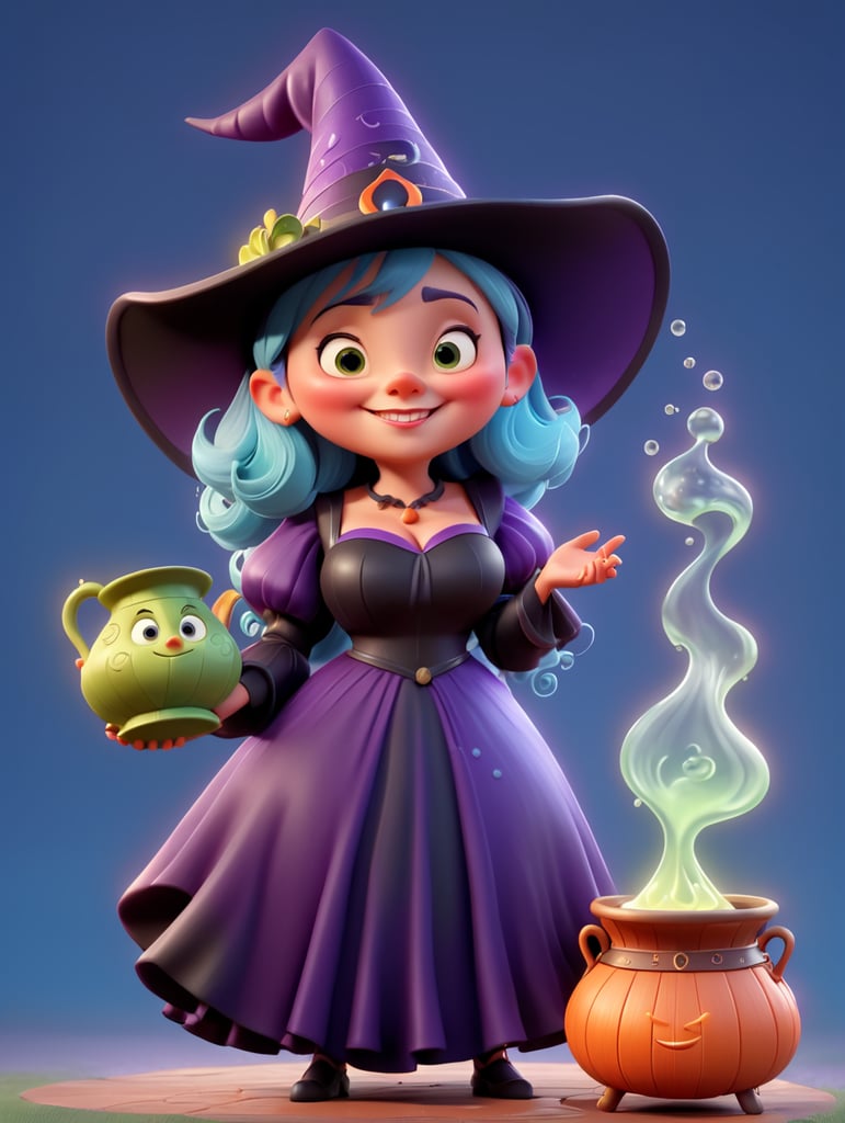 A charming and mischievous Full body witch character in Disney Pixar style, wearing a pointy hat and holding a bubbling cauldron