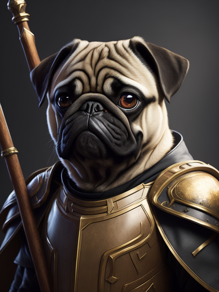 A detailed portrait of pug in armor with long magic staff illustrator, by justin gerard and greg rutkowski, digital art, realistic painting, dnd, character design, trending on artstation