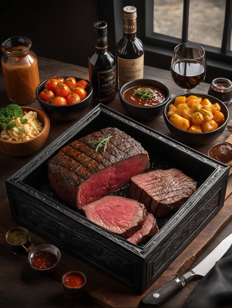 Natural black square Meat Box, black Sous Vide Natural Meat Box, 15 lb box, a black square cardboard box, opened at the top, a black boxed steak with sauce, in the style of lifelike renderings, photorealistic compositions, martin rak, precision, james tissot, uhd image, yasushi nirasawa