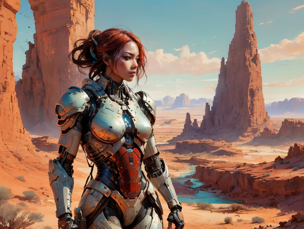 a half-woman and half-robot character wears a very worn light-armor in an Oasis in the middle of a red desert