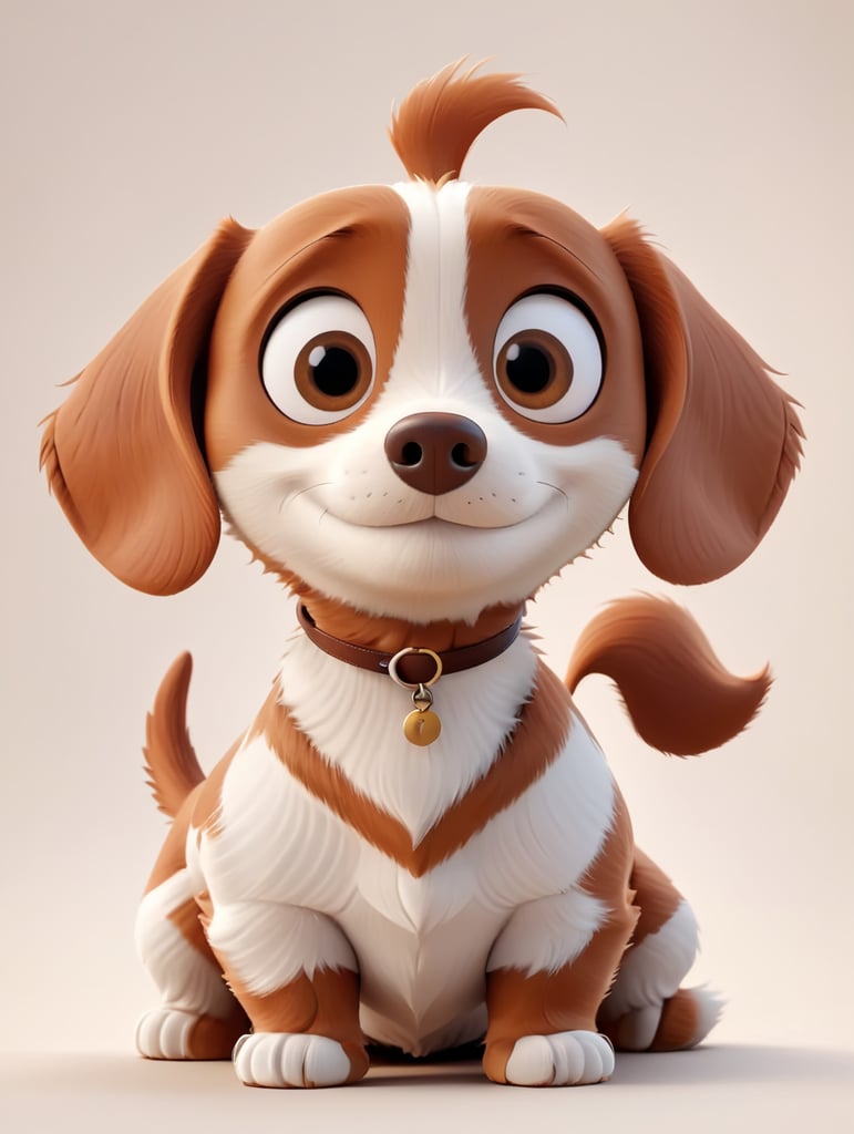 A brown and white dachshund with big eyes in the style of a Pixar movie character