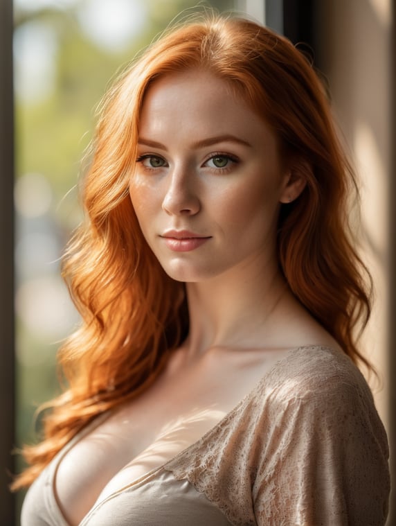 Premium Free ai Images | beautiful redhead year old woman breasts sun light