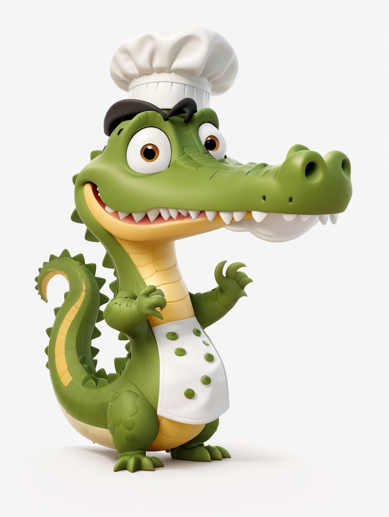 crocodile in the form of a cook, white chef's cap, white apron, isolated, white background