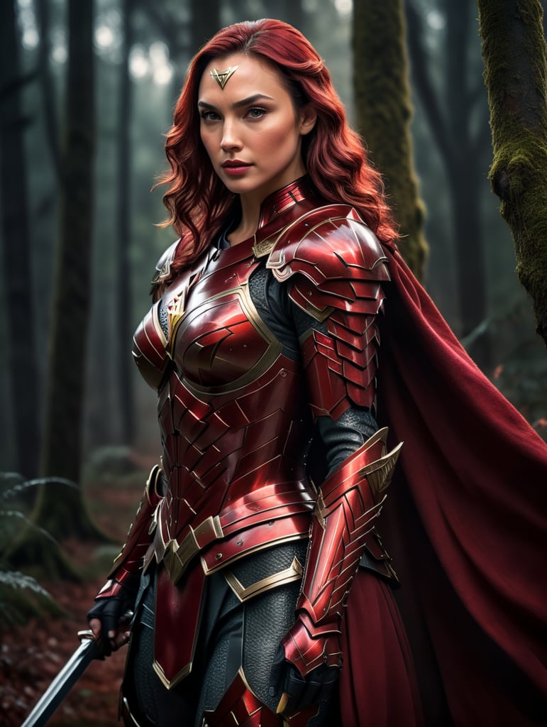 Gal gadot in red armor and red hair against the backdrop of a forest in red-burgundy tones, blurred background, focus on the girl, detailed armor, Dramatic Lighting, Depth of field, Incredibly high detailed