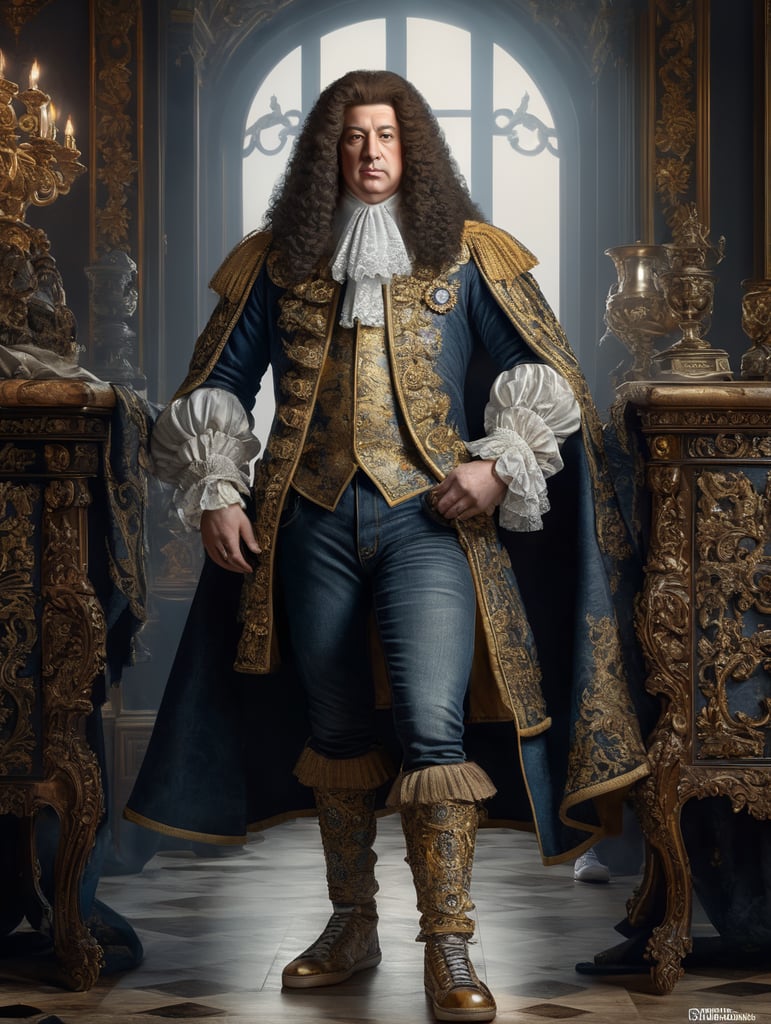 Louis XIV dressed with jeans and sneakers.