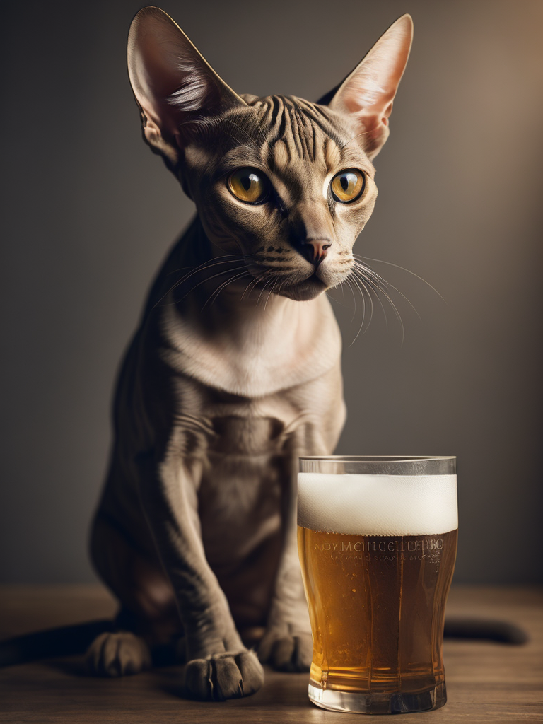 Sphynx cat holding glass with beer, studio photography, magazine photography, earth tones