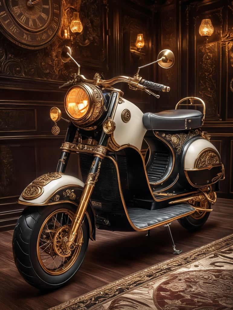 A stunning interpretation of vintage extreme scooter, made of black leather, advertsiement, steampunk, highly detailed and intricate, ivory color, hypermaximalist, bronze ornate, luxury