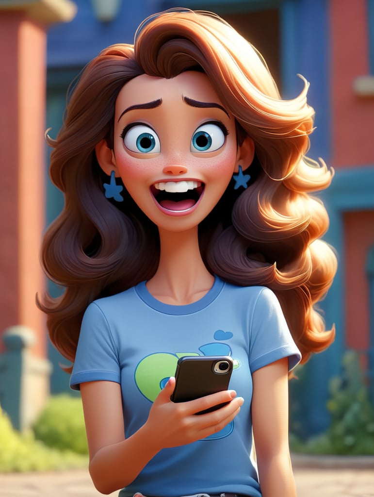 linda mulher jogando no celular e feliz de frente para camera com camiseta azul