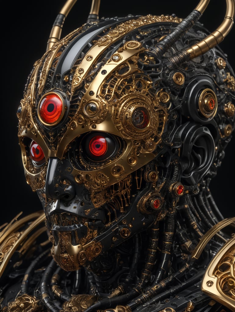 Made of segmented black plastic and gold, biomechanoid Biomechanical, biological robot with many eyes, extra eyes , multiple glowing red eyes, with nine eyes, dark fantasy, cinematic, 3d render