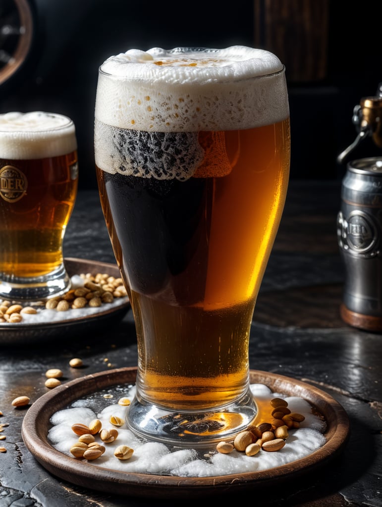 small round stainless steel plate filled with dry peanuts, one gorgeous pint of beer, beer swirl inside glass, one inch of white foam on top, transparent beer, frozen glass, advertisement, highly detailed